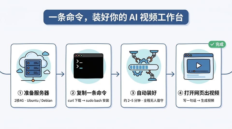一条命令，给自己的服务器装个「输入文字就出视频」的工作台（小白向）